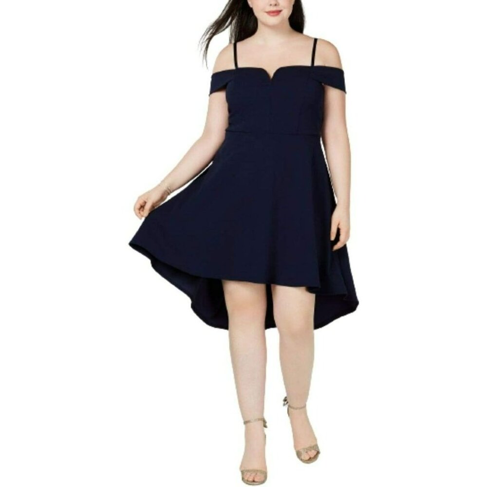 City Studio Hi Low Fit & Flare Off Shoulder Cocktail Dress Black Size 14W NWT